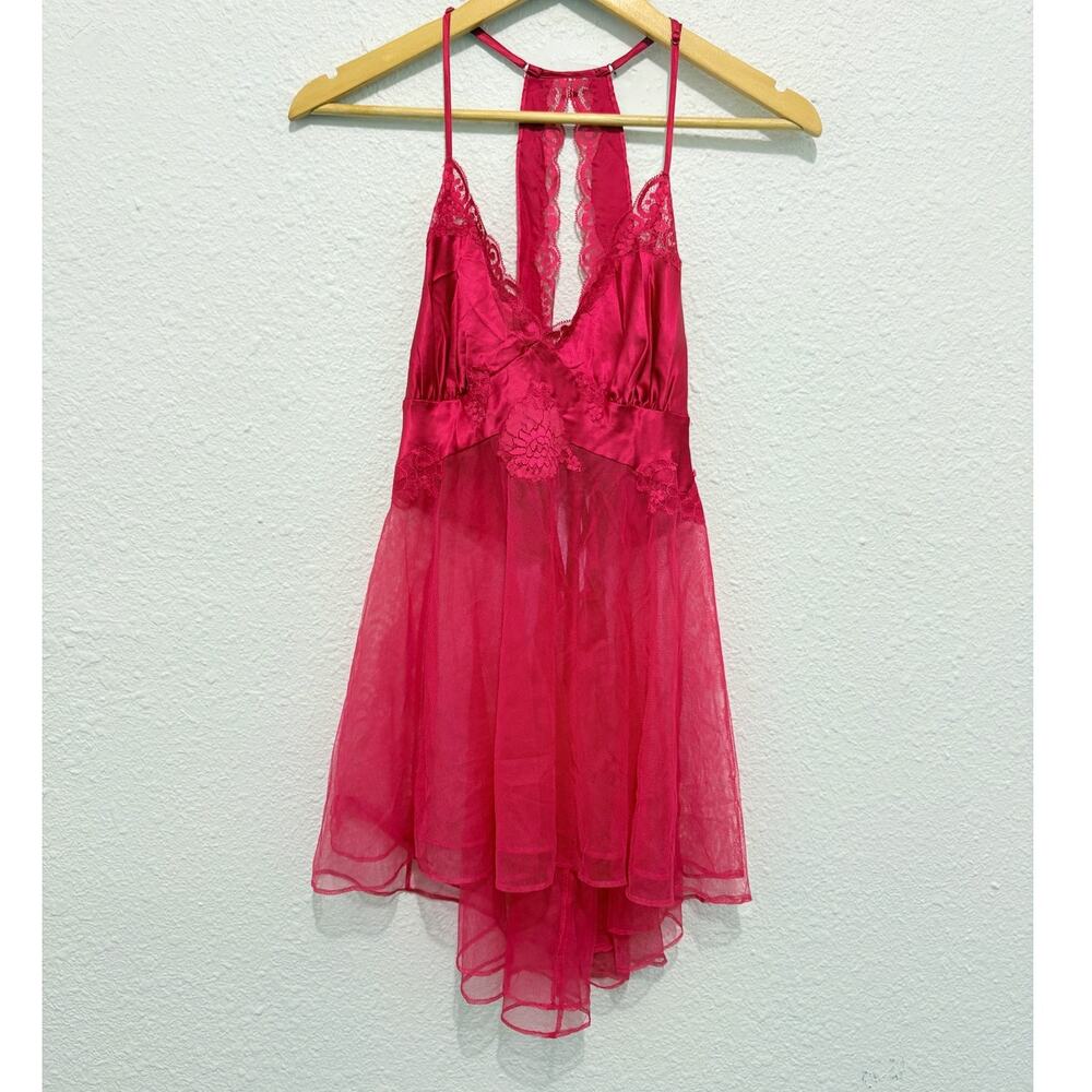 Vintage Y2K Victoria's Secret Silk Slip Dress Lace Red Coquette Glam Sheer